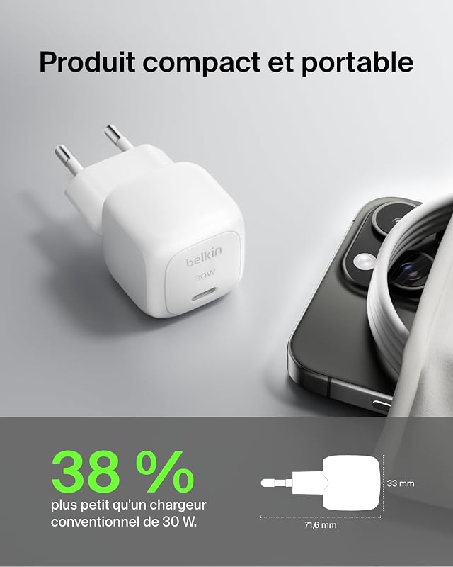 BoostCharge Chargeur Secteur 30W, Compact et Portable, USB-C Power Delivery, pour Tous modèles de l' Apple iPhone 17, Air, 16, 15, Samsung Galaxy, iPad, AirPods, Pixel, tablettes, etc. - Blanc