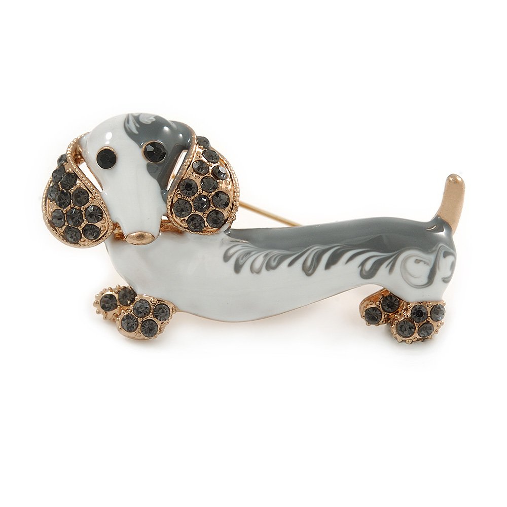 White/Grey Enamel, Grey Crystal Dachshund Dog Brooch In Gold Tone - 45mm Across