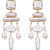 Donabus Statement Pearl Dangle Earrings,Gold and Large Pearl,Luxury Chandelier Organic Style Earrings
