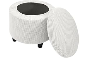 Andreannie Stretch Ivory Jacquard Fabric Ottoman Slipcover Floding Storage Foot Stool Covers Soft Round Slipcover Removable Washable Furniture Protector for Home Decor (Ivory)