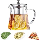 Tomotato Glass Teapot with Removable Stainless Steel Infuser, Heat-Resistant Clear Kettle for Blooming & Loose Leaf Teas, 25.4oz, Square Design, Stovetop & Microwave Safe for Home, Office, Kitchen