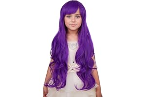 PATTNIUM Kids Purple Wig Long Wavy Purple Wig with Bangs for Child Girls Dark Purle Synthetic Wigs