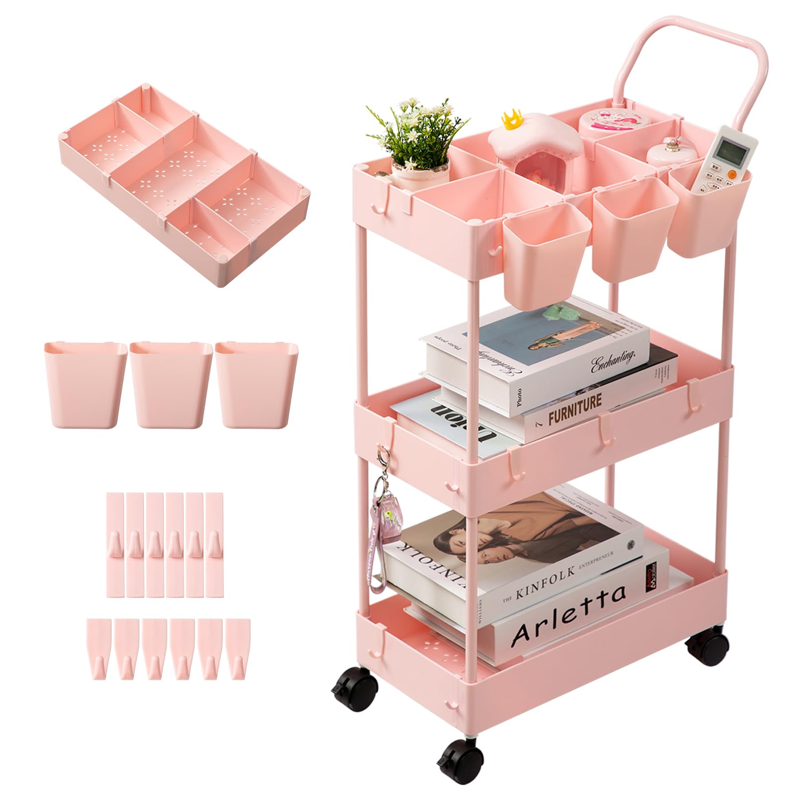 Photo 1 of **ONE SHELF DAMAGED/BROKEN** danpinera Slim Storage Cart, 3 Tier Narrow Rolling Cart on Wheels Bathroom Organizer with Dividers Handle Hanging Cups Hooks for Laundry Room Kitchen Small Spaces, Pink