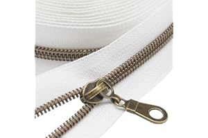 MebuZip #5 Antique Brass Metallic Nylon Coil Zippers by The Yard Bulk Coil Zipper Roll 10 Yards with 25pcs Pulls for DIY Sewing Craft Bags (White)