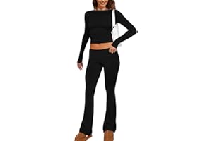 MISSACTIVER Women's Two Piece Outfit Basic Long Sleeve Crop Top and Low Rise Flare Pants Set Lounge 2 Piece Yoga Tracksuit