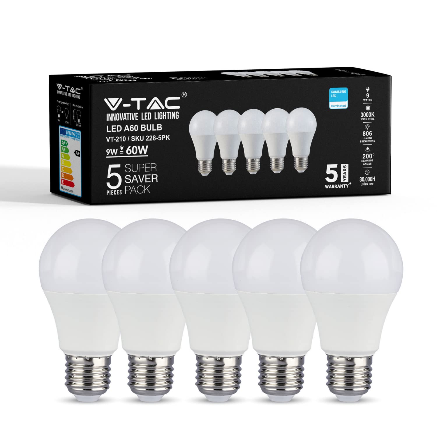 V-TAC 9W LED A58 Bulb | 3000K Warm White | 806 Lumens | Samsung Chip | E27 Base | Plastic Housing | Pack of 5 | Energy Efficient & Long Lifespan