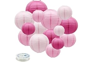Meiduo Round Chinese Paper Lanterns Decorative 15pcs Wedding Birthday Party Valentine's Day Baby Showers Decoration (Pink)