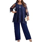 Plus Size Mother of The Bride Pantsuit Outfit Elegant Lace Embroidered 2 Piece Womens Formal Wear for Wedding Guest