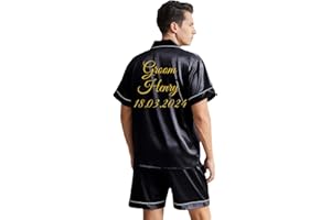 JazJoz Personalised Mens Silk Satin Pajamas Set Short Sleeve Shirt Shorts Sleepwear Loungewear, Groom Wedding Party Gift