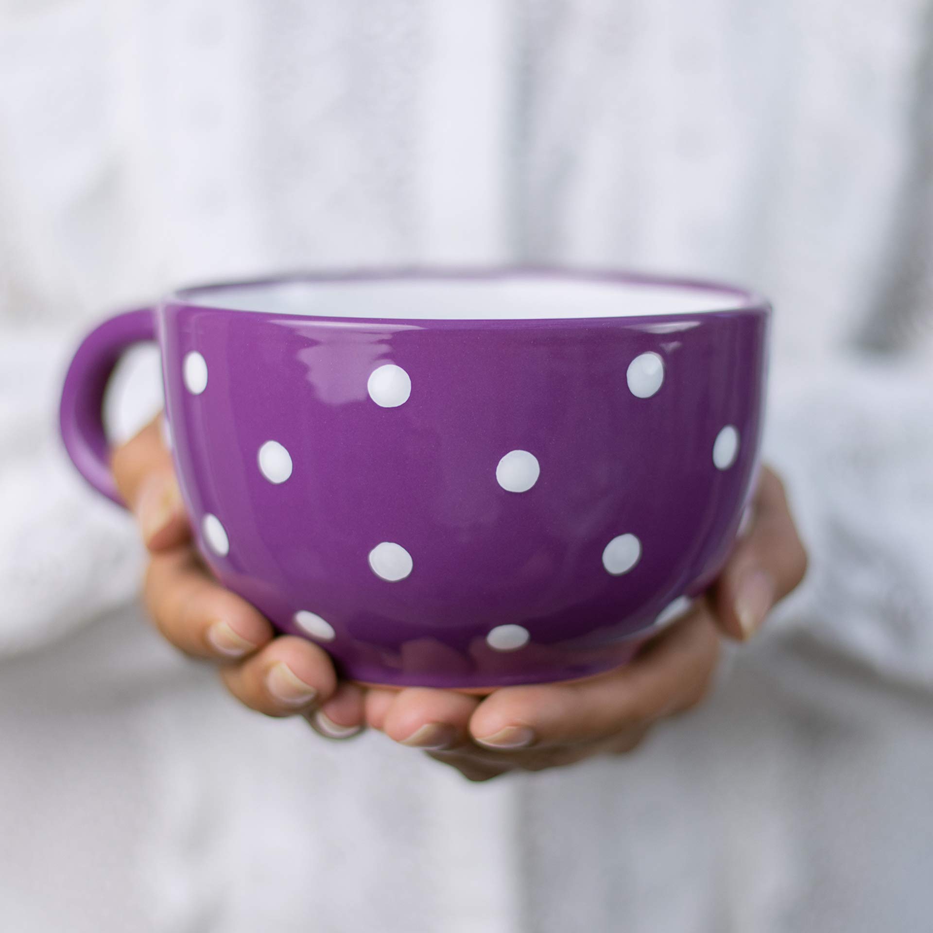 City to Cottage Purple and White Polka Dot Spotty Designer Handmade Hand Painted, Unique Ceramic Extra Large 17.5oz/500ml Cappuccino Coffee Tea Soup Mugs Cups with Handle — image 1