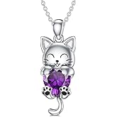 LONAGO Cat Necklace with Heart Birthstone Cat Pendant Necklace Sterling Silver Gifts for Women