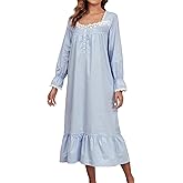 Viakeo 100% Cotton Nightgowns For Women Victorian Night Gown Long Sleeve House Dress With Pockets S-3XL Blue