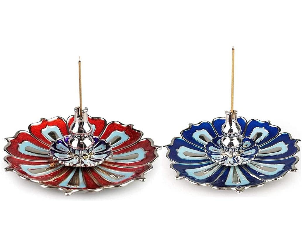 2Pcs Incense Burner Plate, Lotus/Cherry Blossom Incense Holders with Bracket for Home Decor, Yoga 3.5'' (Red + Blue)