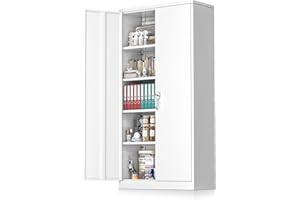 Pataku Garage Storage Cabinet Metal Locking Cabinet 5-Layer with Door Steel Multifunctional Storage Cabinet with 4 Adjustable Shelves, White Tool Cabinet for Home, Office, Warehouse…