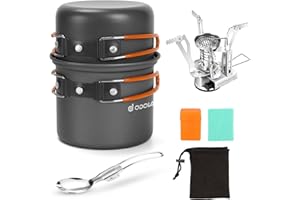 Odoland 6pcs Camping Cookware Mess Kit with Lightweight Pot, Stove, Spork and Carry Mesh Bag, Great for Backpacking Outdoor C