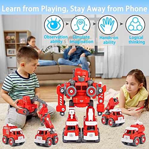 Edpoful Take Apart Robot Toys for Boys, 5-in-1 Rescue Vehicles Transformation Toys, Building STEM Truck Toys for 5 6 7 Year Old Kids