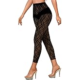 ShawGobow Floral Lace Leggings,High Waisted Footless Tights for Women,Sheer Mesh Pants Bridal Date Night Concert
