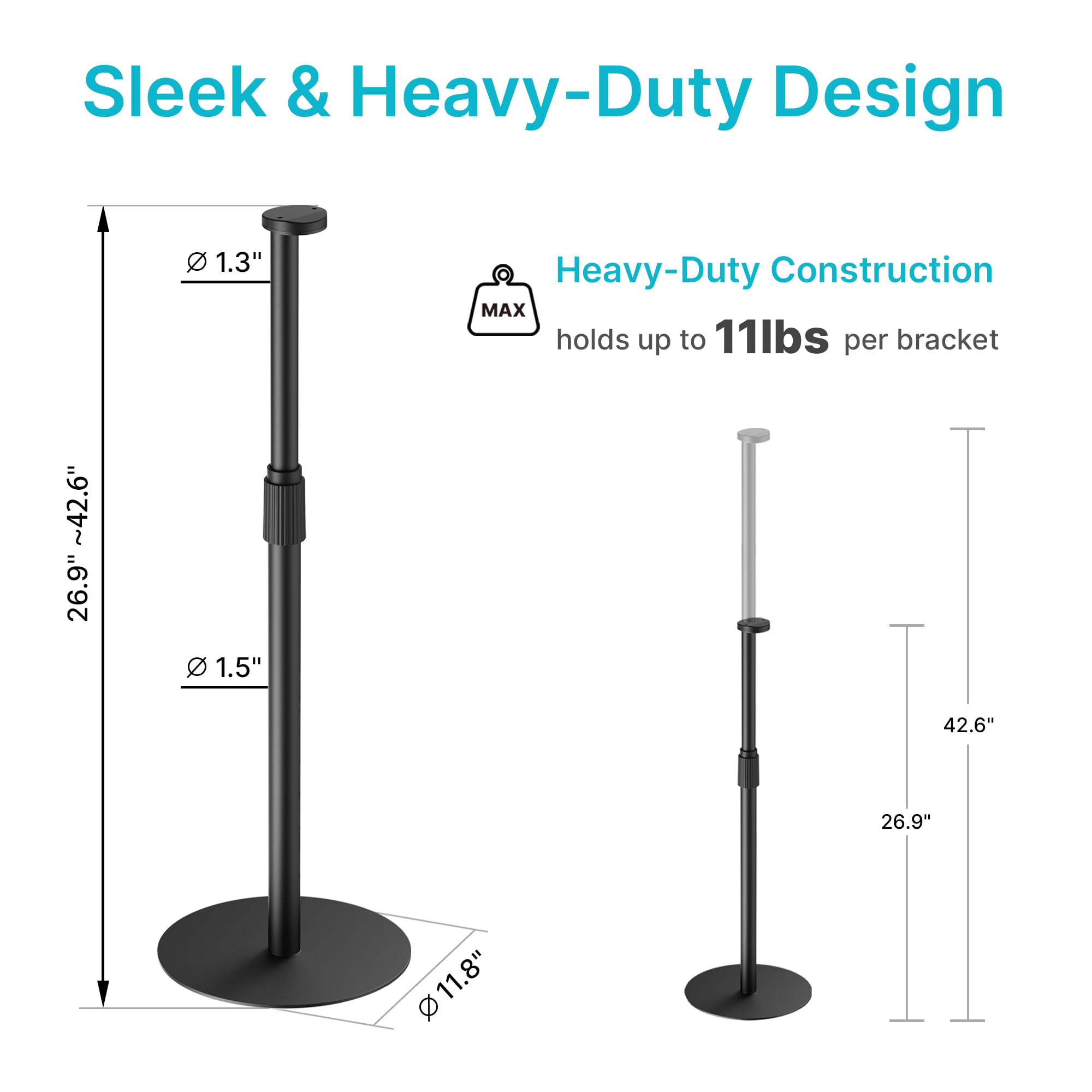 Adjustable Height Speaker Stands Compatible with SONOS Era 300 and Era 100, Height Adjustable up to 42.6'', Floor Stands with Cable Management, Speaker Mount, Black, 2 Pack (Pair)