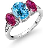 10K White Gold Gemstone Birthstone and Created Ruby 3-Stone Engagement Ring for Women with Lab Grown Diamond Accents | Oval 8X6MM & 6X4MM | Three Stone Wedding Anniversary Promise Ring | Sizes 5-9