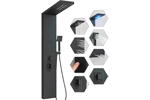 FUZMONOERE FUZ Shower Panel Tower System, Stainless Steel 5 IN 1 Shower Panel System with LED Fancy Rain Shower Head and Handheld, Adujstable Rainfall Massage Body Jets and Tub Spout, Matte Black Shower Tower