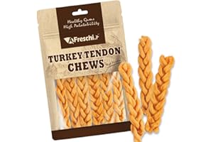 A FRESCHI SRL AFreschi Turkey Tendons for Dogs, USA-Sourced, Healthy Dog Treats, Rawhide-Free Puppy Chews, All Natural, Hypoallergenic Dog Treats, Classic Series, Braided Sticks, 3.5 oz Pack