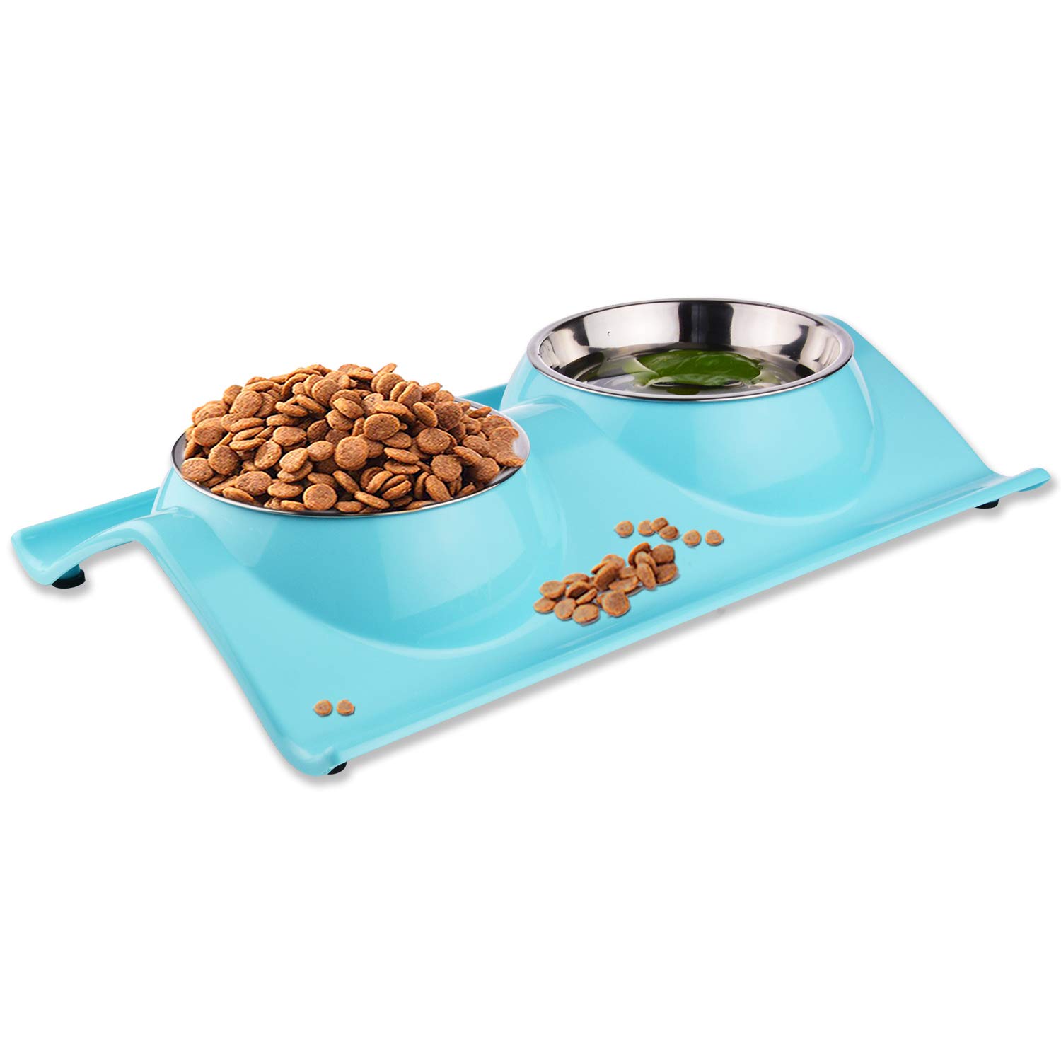 Pet Dog Bowl Food Water Dish Feeder Bowls Double Stainless Steel Cat Puppy Bowls No spill & No Skid for Small Animals (Blue)
