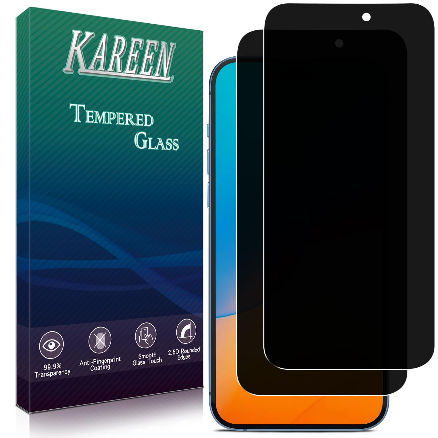 KAREEN 2 Pack Privacy Screen Protector for iPhone 16 Pro 6.3-Inch Anti Spy Private Tempered Glass Film, Anti-Scratch, Bubble Free, Case Friendly, Easy to Install