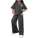 Floerns Girl's 2 Piece Outfits Heart Print Crew Neck Half Sleeve T Shirts and Pants Set