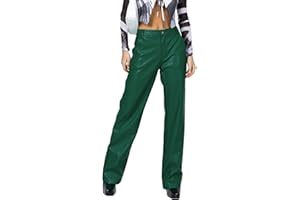 HEZIOWYUN Faux Leather Pants for Women Solid Color High Waist Straight Leg Trousers Vintage 90s Streetwear Pant with Pockets