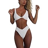 geluboao Bikini Set for Women Solid V Neck Knot Front Push Up High Leg Thong Two Piece Swimsuit