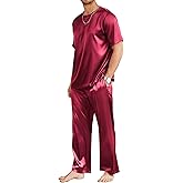 Ekouaer Mens Silk Satin Pajama Set Short Sleeve Sleepwear Silky Loungewear with Long Pants