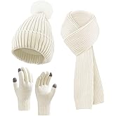 Winter Beanie Hat Scarf Gloves Set for Women, Fleece Knit Pompom Beanie Neck Warmer Long Scarf Touchscreen Gloves 3 in 1 Set