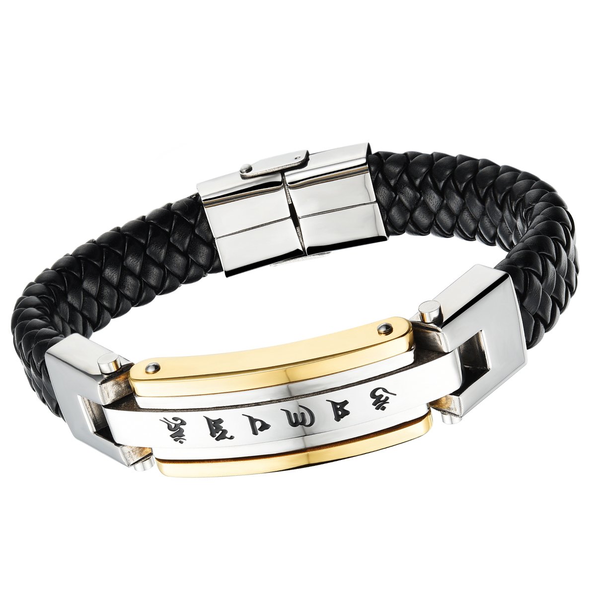 Cupimatch Men’s Religious Stainless Steel Buddhism Braided Leather Bracelet Silver Gold Wrist Bangle