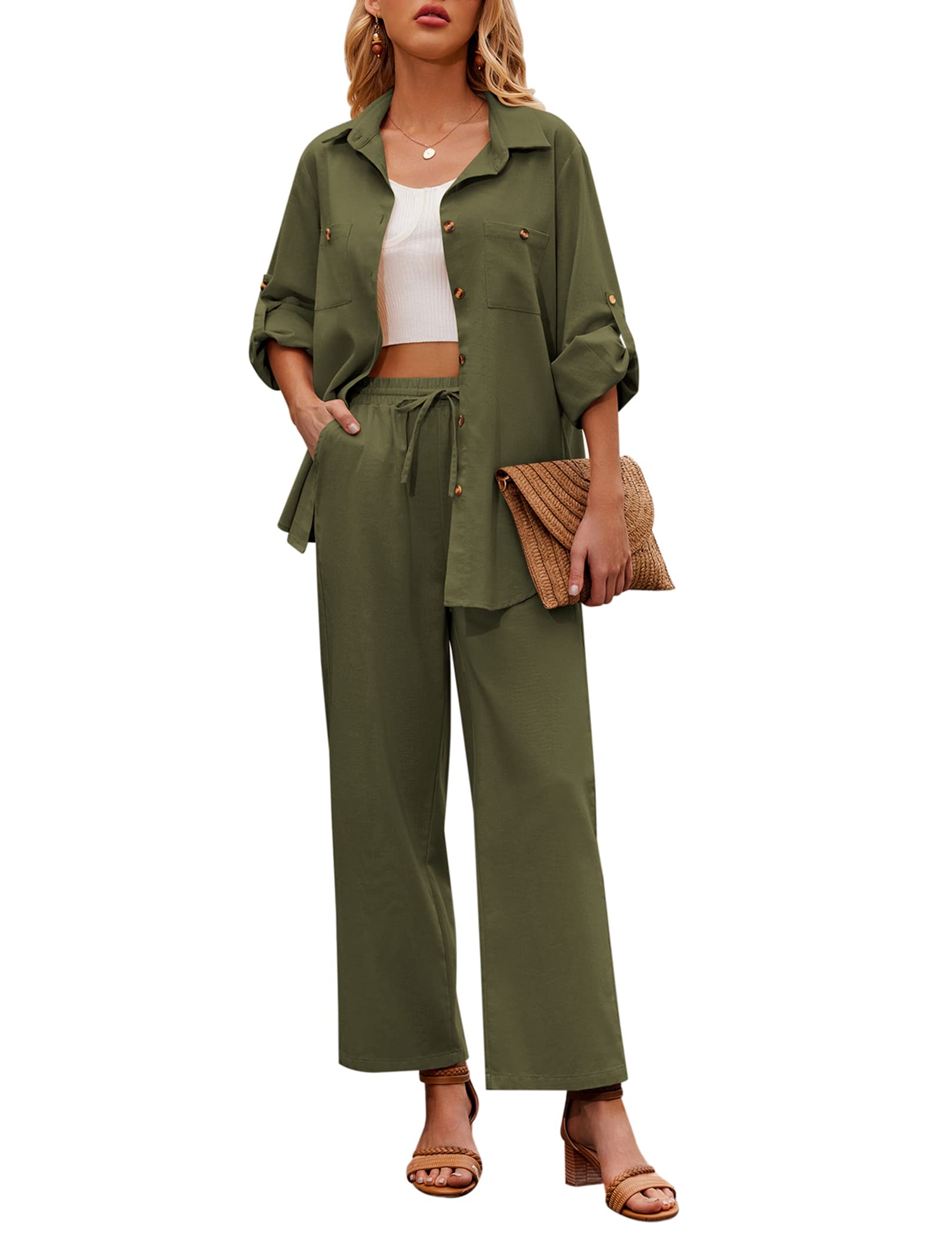 Photo 1 of **BOTTOMS ONLY***Zeagoo Women 2 Piece Linen Sets 2025 Button Down Shirt and Drawstring Long Pants Set Summer Outfits?Army Green?X-Large