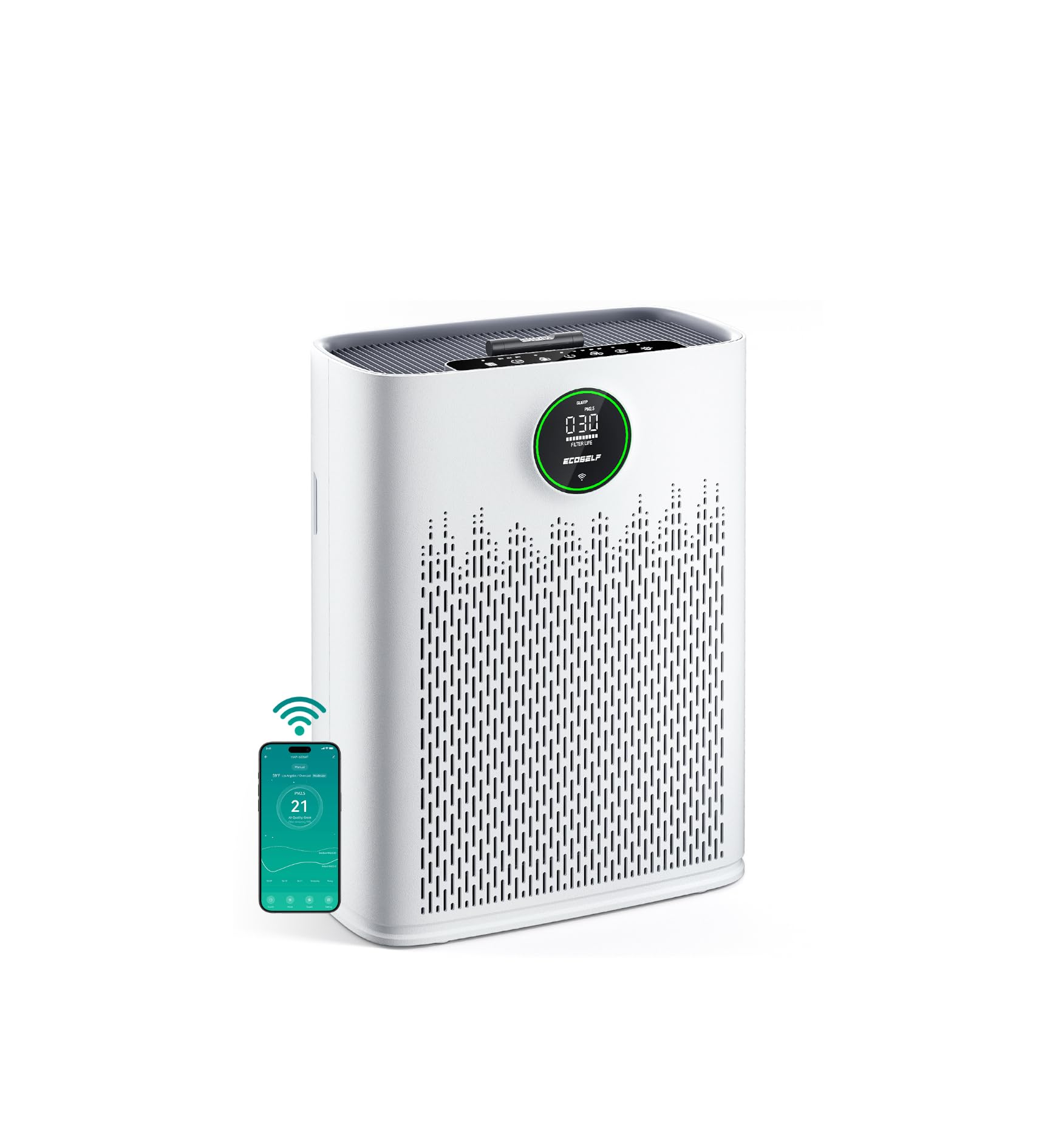 Photo 1 of ECOSELF Smart Air Purifier for Home Large Rooms, with WiFi Control, Covers Up to 2400 Ft², Smart Mode, AQI Display, 22dB Sleep Mode & Aromatherapy with 2X-Power Filtration, HAP603WF, Bright White