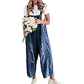 Gihuo Denim Overalls for Women Jean Bib Overalls Wide Leg Loose Fit Barrel Baggy Distressed Adjustable Straps