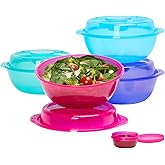 Bentgo Easyboxes Salad-to-Go Containers - 8-Piece Set: 4 Bowls, Leak-Proof Dressing Cups Built-In & 4 Fitted Lids Seal in Freshness; Reusable/BPA-Free for Salad, Pasta, & Cereal (Jewel Brights)