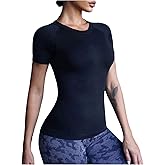 OYOANGLE Women's Short Sleeve Compression Shirts Crew Neck Slim Fitted Basic Solid Yoga Gym Workout Tops