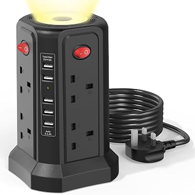 HAFINO Tower Extension Lead with USB Ports Night Light 8 Outlets 5 USB 1.8m