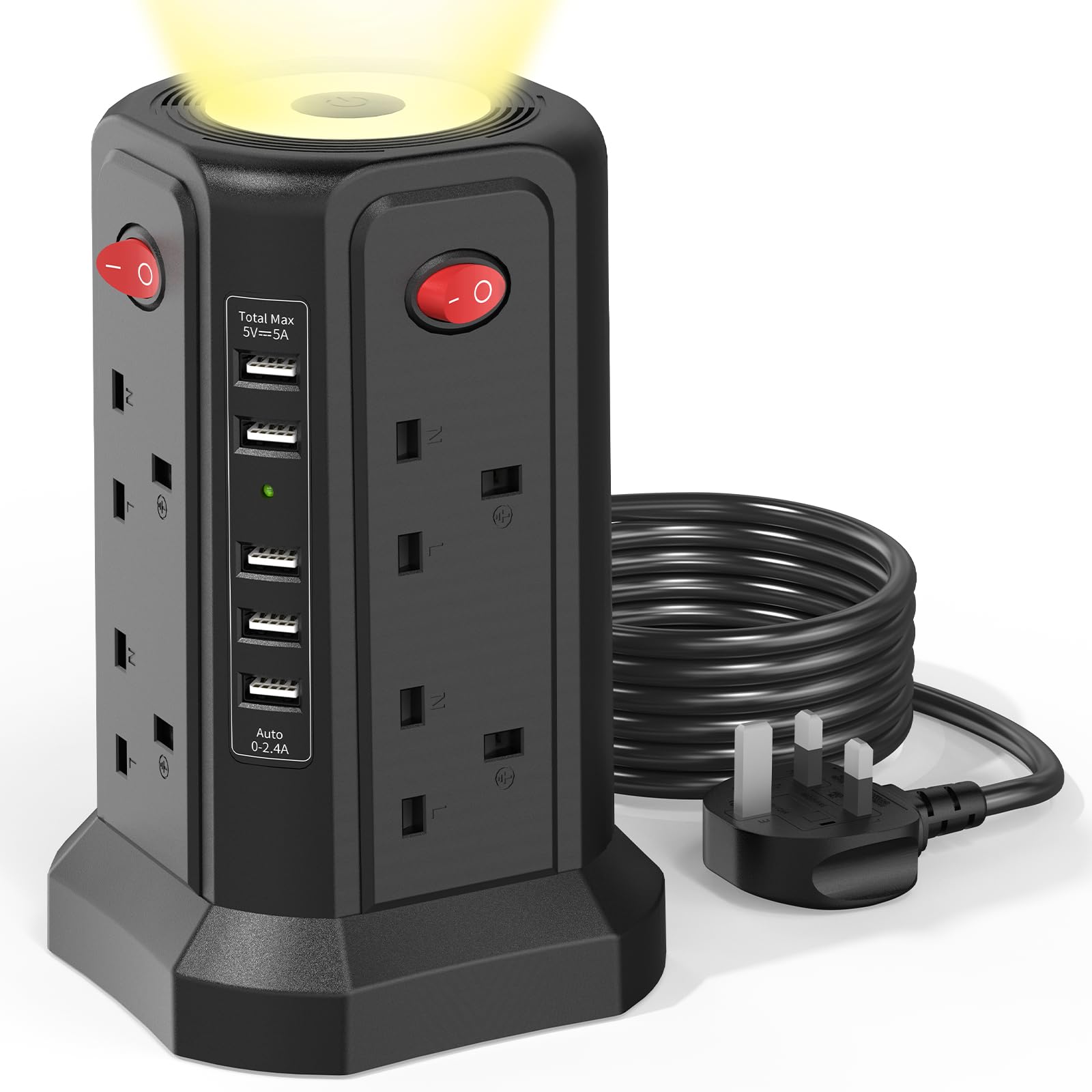 Tower Extension Lead with USB Slots and Night Light, (13A 3250W)5 USB Ports & 8 Way Socket Extension Tower, Surge Protected Extension Lead with 4 Switches, 1.8M Extension Cable for Home, Office — image 1