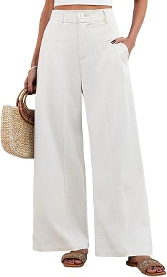 Pantalon Lin Femme Été Fluide Chic Leger Pantalons Taille Haute Élastique Pantacourt Coton Grande Longueur Palazzo Pants avec Bouton Décontractée Travail Couleur Unie avec Poches (Blanc, M)