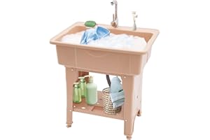 BAIODNB Utility Sink Laundry Tub,Freestanding Plastic Laundry Sink with Washboard, Slop Sink Garage Sink Portable Sink For Laundry Room, Garage, Bathroom, Kitchen (31.5in, Coffee)