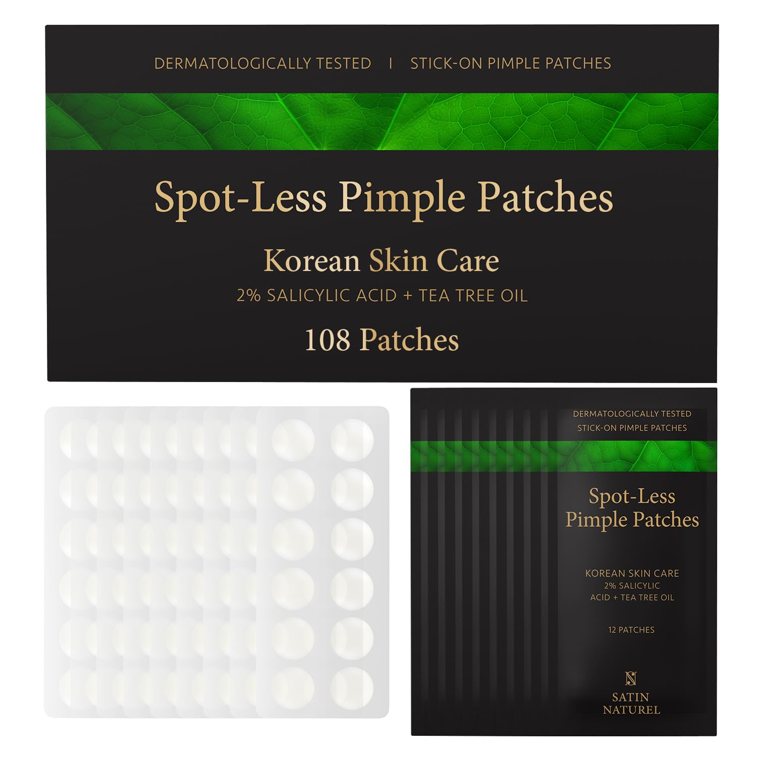 Satin Naturel 108 Pimple Patches with 2% Salicylic Acid, Tea Tree Oil & Hyaluronic Acid – Hydrocolloid Acne Spot Treatment Stickers for Face – Korean Skincare Blemish & Zit Care
