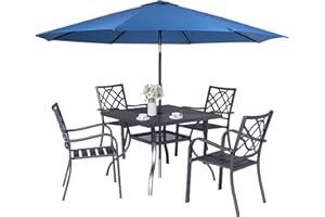 Oakcloud 5-Piece Patio Dining Set with Dark Blue Umbrella, Outdoor Metal Furniture Dining Table Set, 4 Stackable Patio Dining Chairs and Square Dining Table with Umbrella Hole