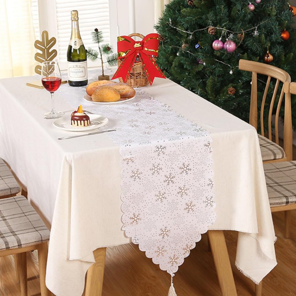 White Christmas Table Runner With Snowflake, Christmas Table Runners for Dining Table, Christmas Runners for Tables, Reusable for Dining Table Seasonal Winter Xmas Festival Holiday Home Party