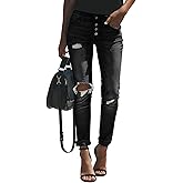 Women's High Waisted Casual Jeans Ripped Vintage Washed Denim with Cuffed Hem