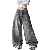 BeRamg Baggy Jeans for Women Men Star Patchwork Barrel Jeans Low Rise Grunge Boyfriend Denim Pants Streetwear Clothes