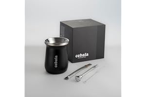 Cebala Yerba Mate Natural Gourd/Tea Cup Set (Original Traditional Mate Cup) PREMIUM QUALITY | Includes 2 Bombillas (Yerba Mate Straws to Use) & Cleaning Brush | Stainless Steel (Black)