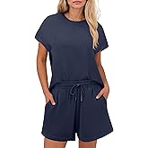 PINSPARK 2 Piece Sets for Women Summer Crewneck Matching Shorts Lounge Set with Pockets Casual Travel Outfits 2025 Trendy