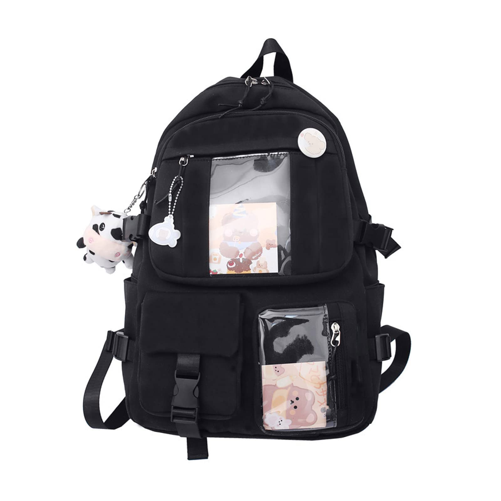 Photo 1 of Eagerrich Cute Backpack with Cute Pin Accessories Plush Pendant for School Bag Student Girl Backpack Super-Capacity Waterproof Travel Backpack(Black)